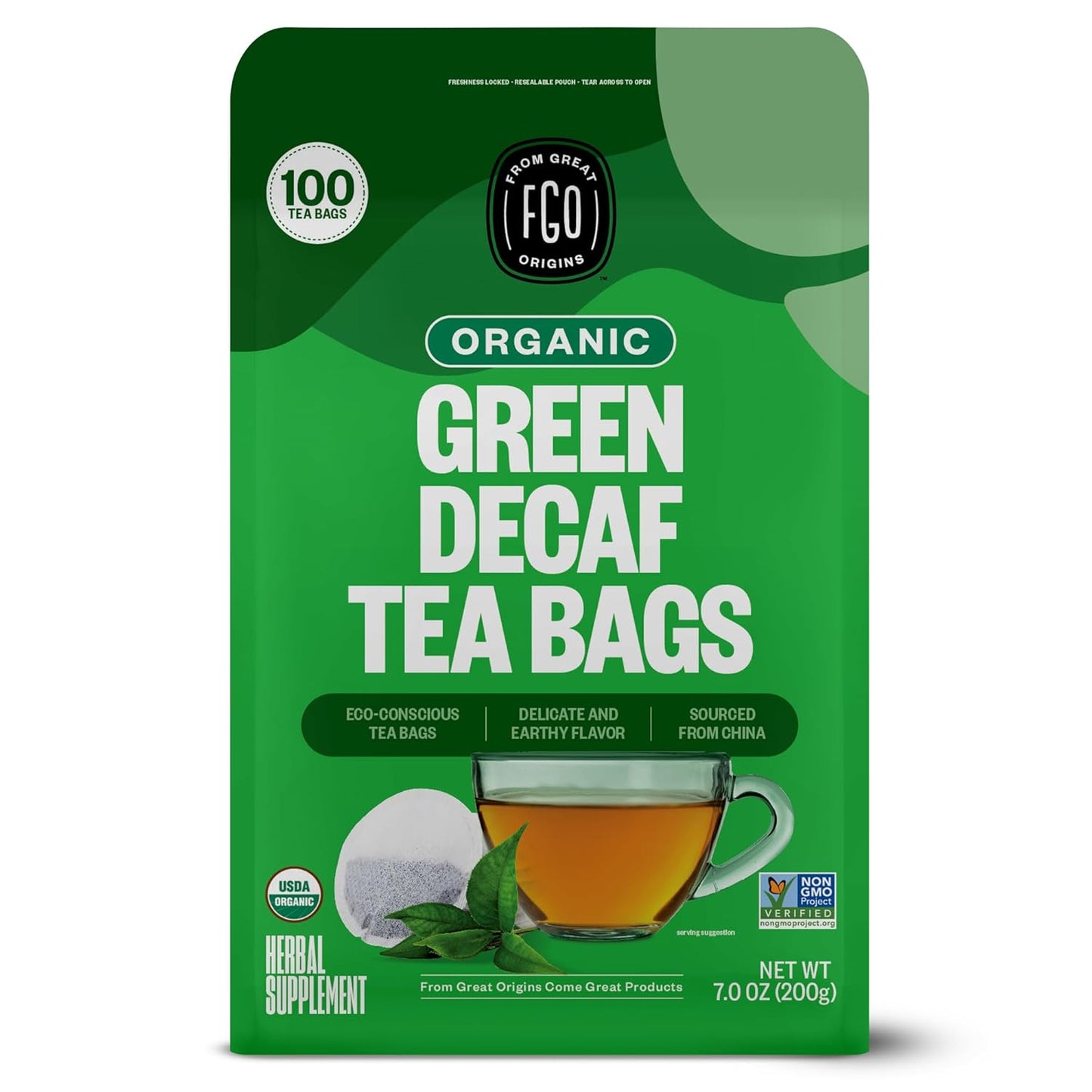 FGO Organic Green Decaf Tea, 100 Count, Eco-Conscious Tea Bags, Resealable Bag, Caffeine Free, Packaging May Vary (Pack of 1)