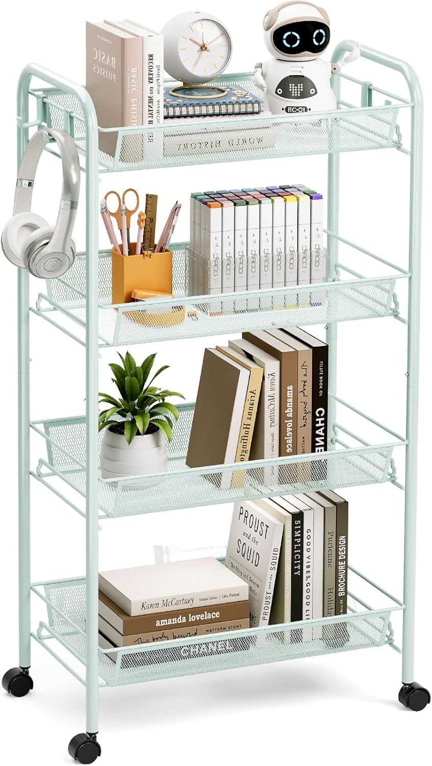 TOOLF 4-Tier Rolling Cart, Metal Utility Cart with 3 Hooks, Easy Assemble Mobile Storage Trolley On Wheels, Metal Shelving Units Kitchen Bathroom Laundry Room