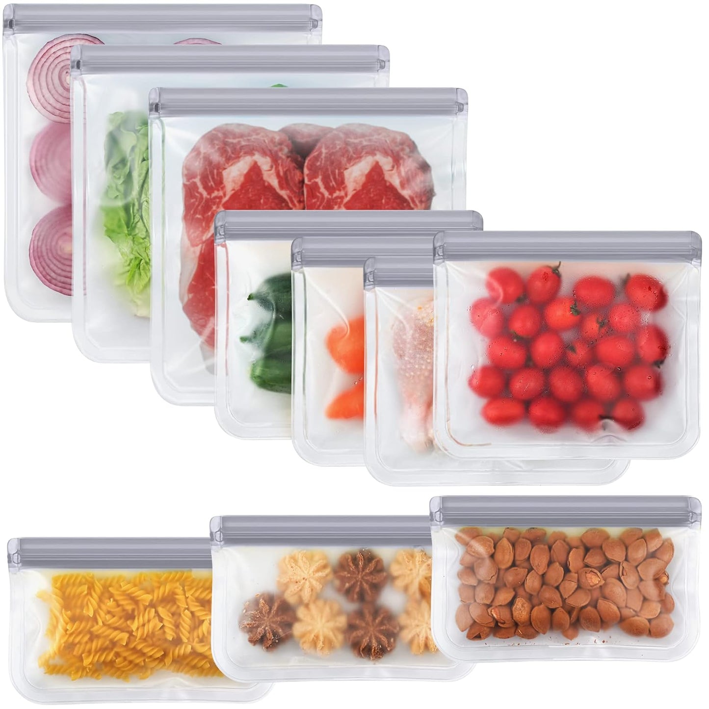 10 Pack Dishwasher Safe Reusable Bags, Silicone, Leakproof, BPA Free, Reusable Food Storage Bags for Lunch, Marinate, Freeze, Travel (Grey) - 3 Gallon, 3 Snack, 4 Sandwich