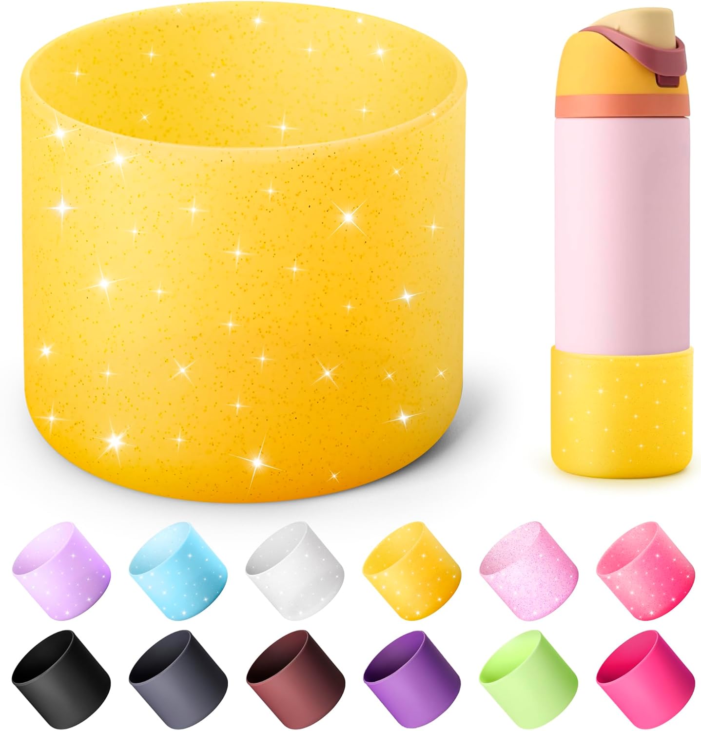 Boot for Owala 24 oz, Anti-Slip Protective Sleeve for Owala Twist & FreeSip & Flip Stainless Steel Water Bottle, Silicone Boot Bottom Base for Owala (Glitter Yellow)