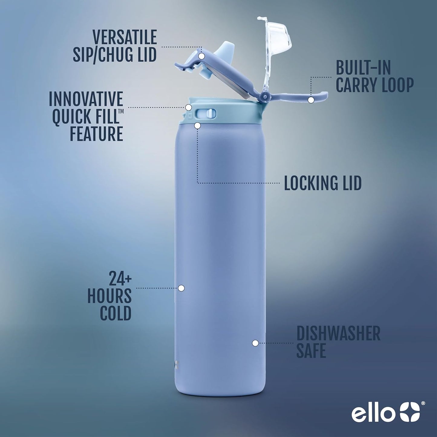 Ello Pop & Fill Stainless Steel Water Bottle with Quick Fill Technology, Double Walled Vacuum Insulated Metal, Leak Proof Locking Lid, Sip & Chug, BPA Free, Holiday Gift for Him Her, 22oz, 32oz, 40oz