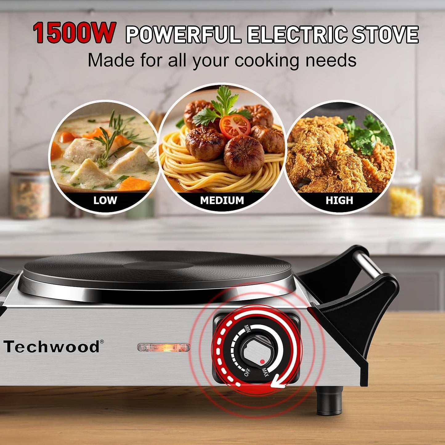 Hot Plate, Techwood Single Burner for Cooking, 1500W Countertop Electric Stove with Adjustable Temperature & Stay Cool Handles, 7.3" Cooktop for RV/Home, Upgraded Version Silver