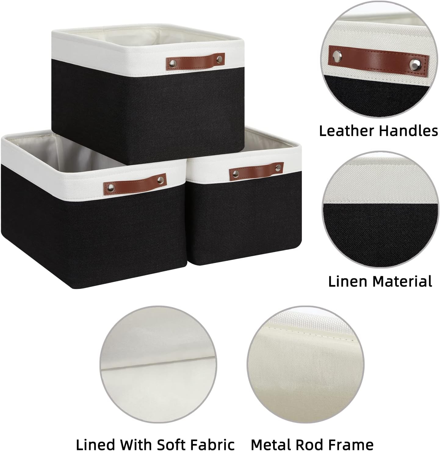HNZIGE Large Storage Baskets (3 Pack) - Fabric Bins with Leather Handles, Foldable for Organizing Clothes, Toys (Black & White, 15" x 11" x 9.5")