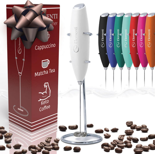 Elementi Electric Milk Frother Handheld - Make Creamy Lattes, Delicious Cappuccinos and Perfect Drinks - Compact Mixer & Coffee Stirrer with Whisk (White)