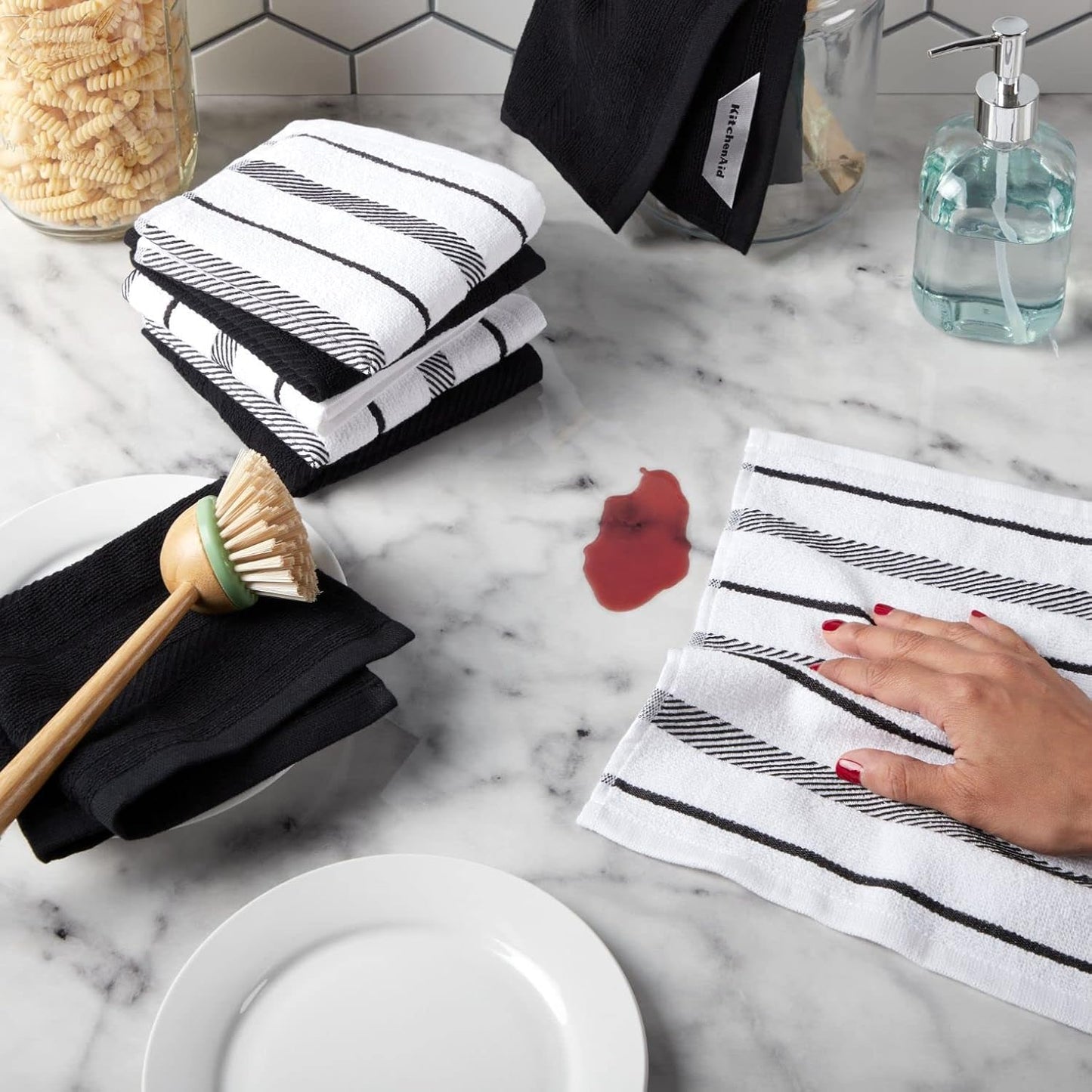 KitchenAid Albany Dishcloth 8 Pack Set, Matte Black/White, 12"x12"