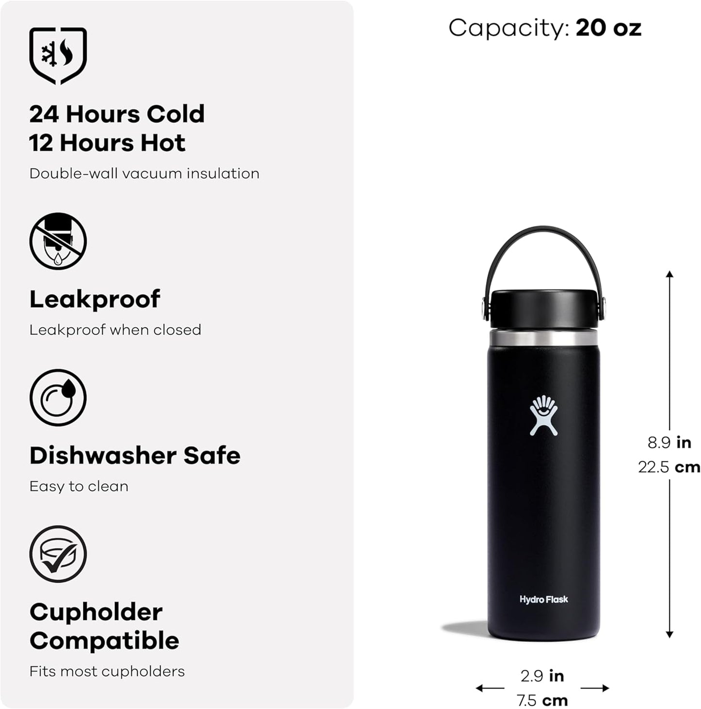 Hydro Flask Water Bottle - Insulated Stainless Steel - Wide Mouth Flex Lid, Non Spill, Leakproof and Refillable in 20 Oz Coconut Cream