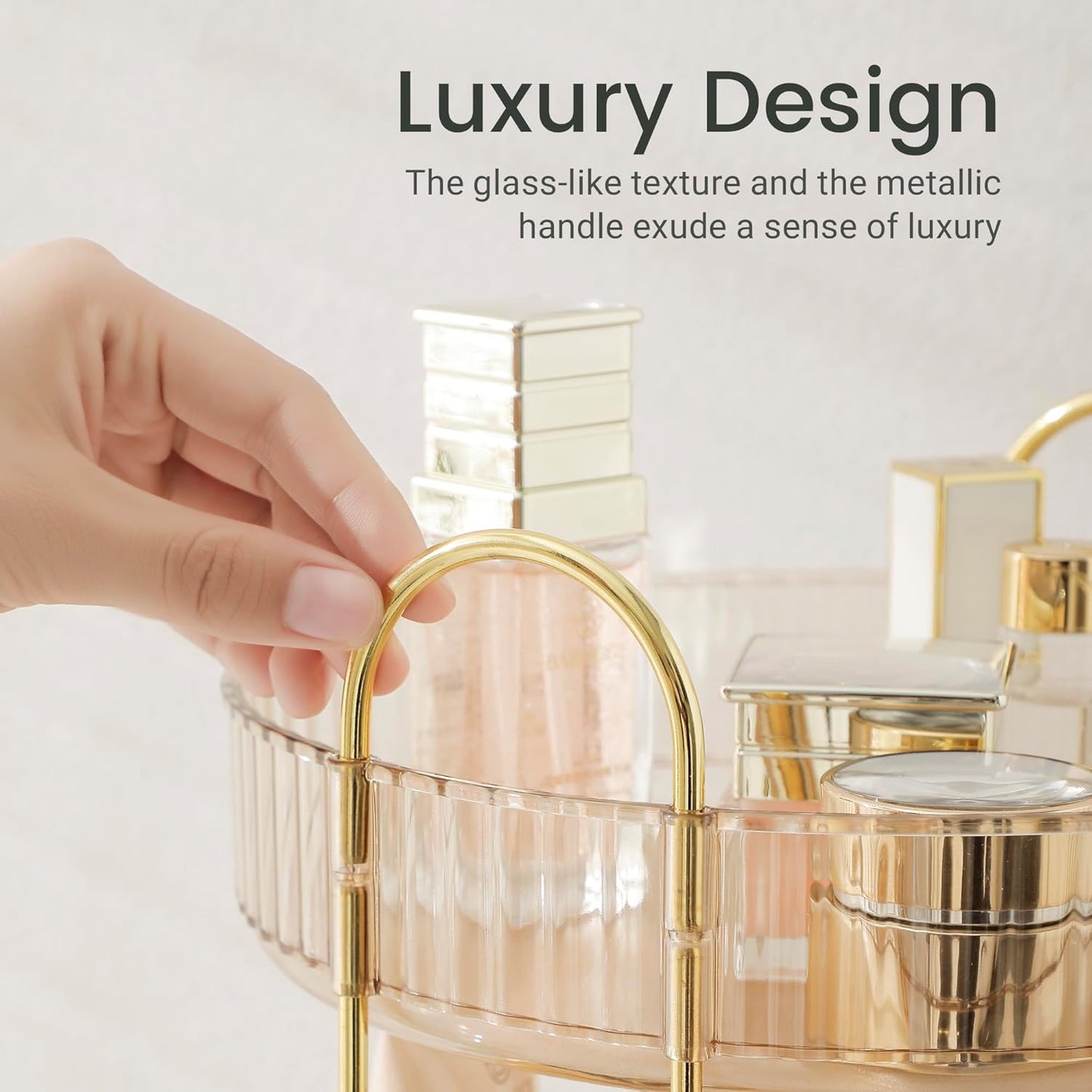 Aveniee Rotating Makeup Organizer for Vanity, 3 Tier Perfume Skincare Organizers and Storage for Bathroom Countertop, Clear Spinning Counter Shelf Cosmetic Holder for Dresser,Gold