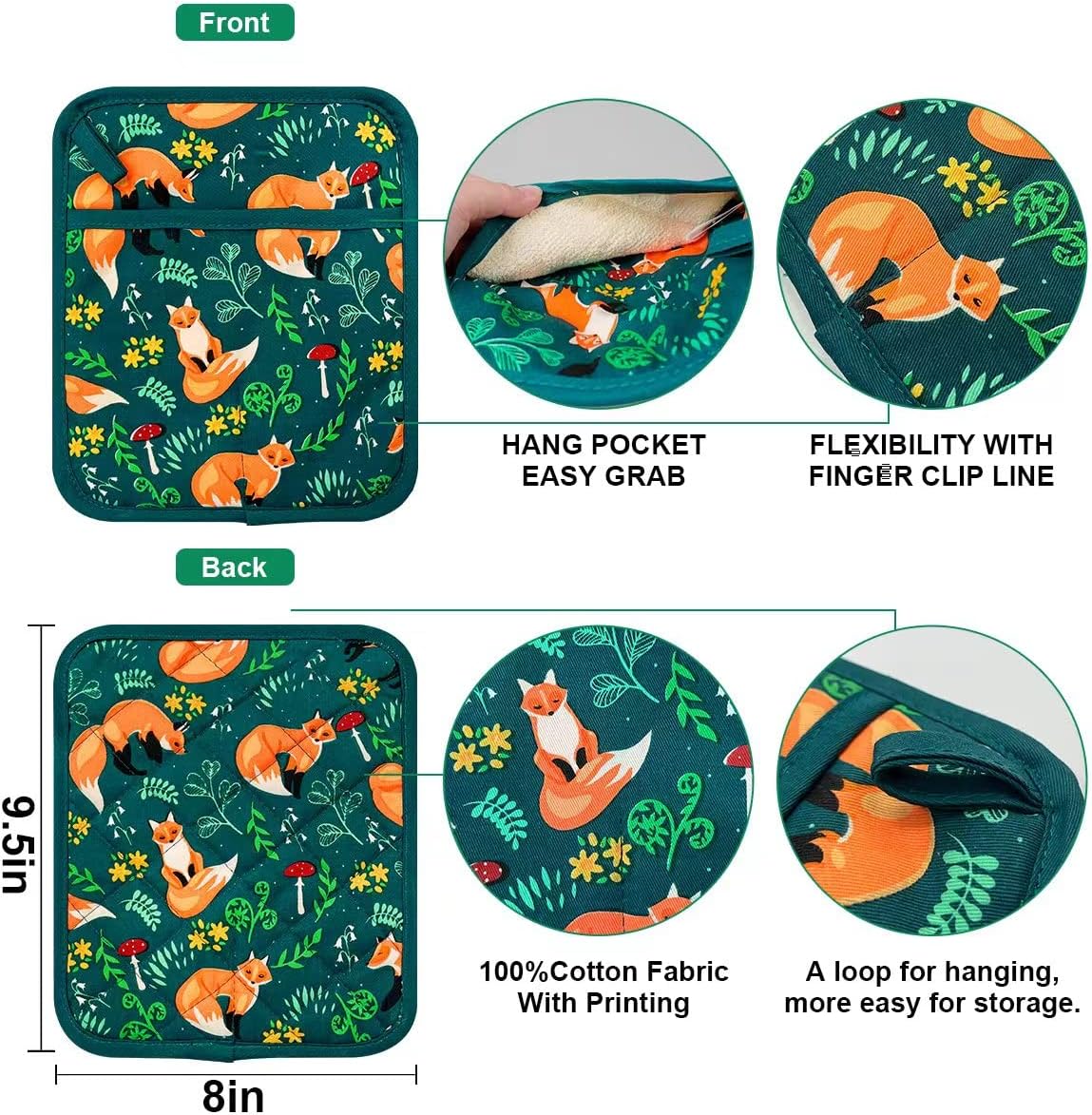 Pot Holders Set of 2 Heat Resistant 480℉ Kitchen 100% Cotton Comfortable Lining Printing Fox Flower Women Men Home Cooking Baking Microwave BBQ Gift(Fox Flower)