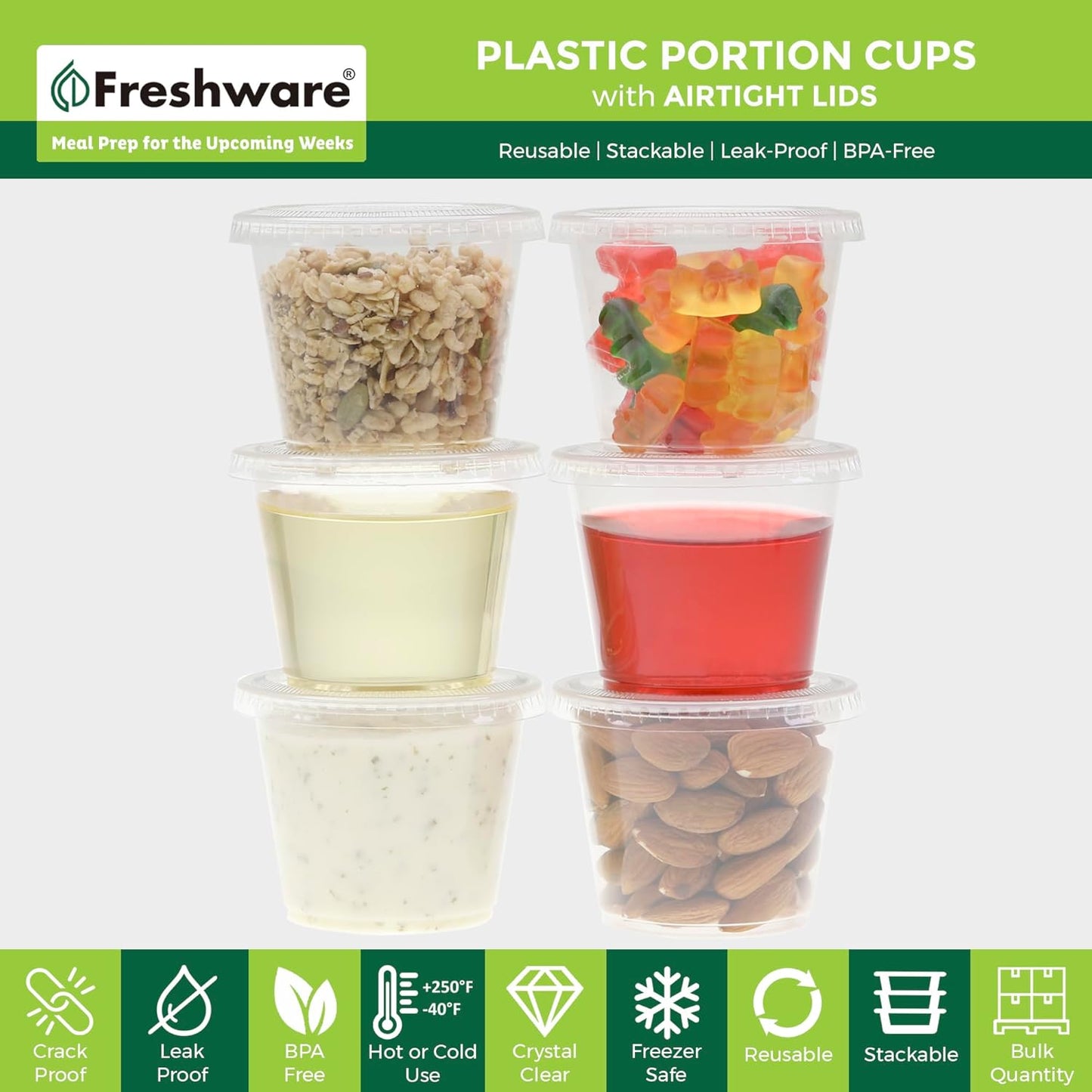 Freshware Plastic Portion Cups with Lids [5.5 Ounce, 100 Sets] Souffle Cups, Jello Shot Cups, Condiment Sauce Containers For Sampling, Sauce, Snack or Dressing