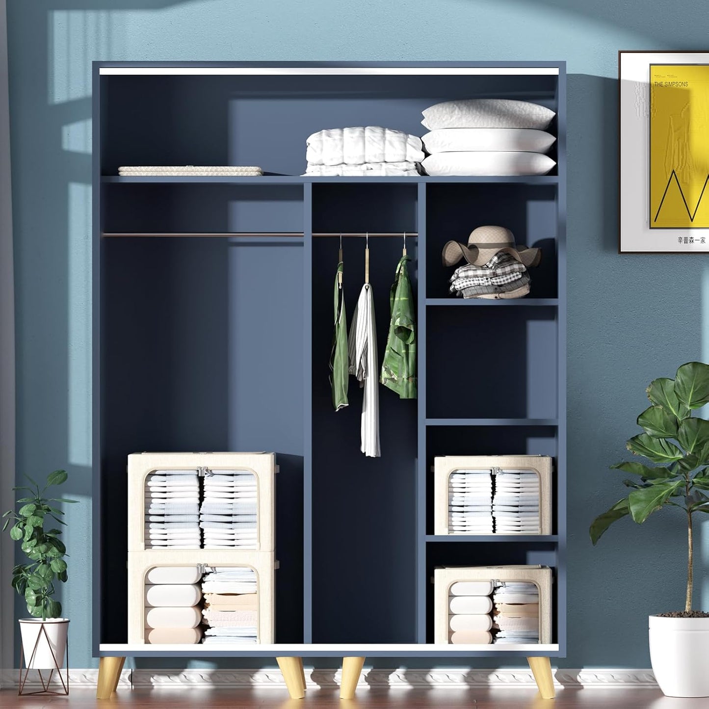 Clothes Storage Bins Box - Linen Fabric Foldable Stackable Container Organizer Set with Clear Window & Carry Handles & Metal Frame - 2Pack Large Capacity for Bedding, Blankets, Books