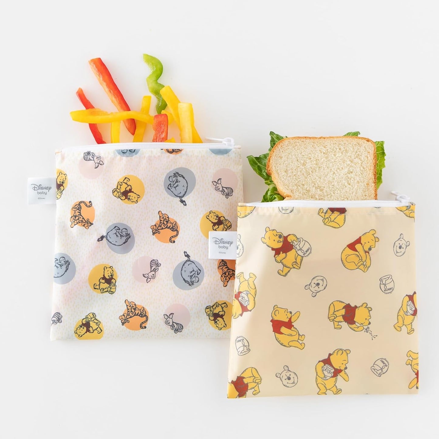Bumkins Disney Reusable Sandwich and Snack Bags, for Kids School Lunch and for Adults Portion, Washable Fabric, Waterproof Cloth Zip Bag, Travel Pouch, Food-Safe Storage, Large 2-pk Winnie the Pooh