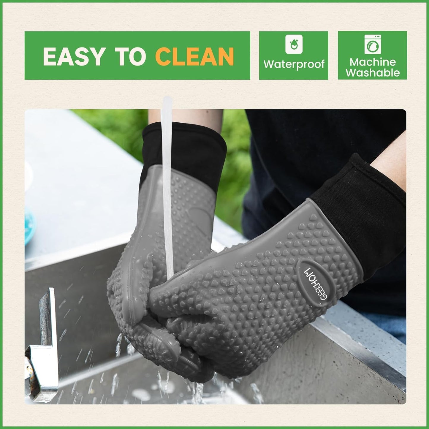 GEEKHOM BBQ Gloves Heat Resistant Oven Mitts - Silicone Grilling Gloves with 13.7" Arm Protection - Waterproof Pot Holder Non-Slip for Men & Women, Kitchen Outdoor Cooking, Baking, Camping, Light Gray