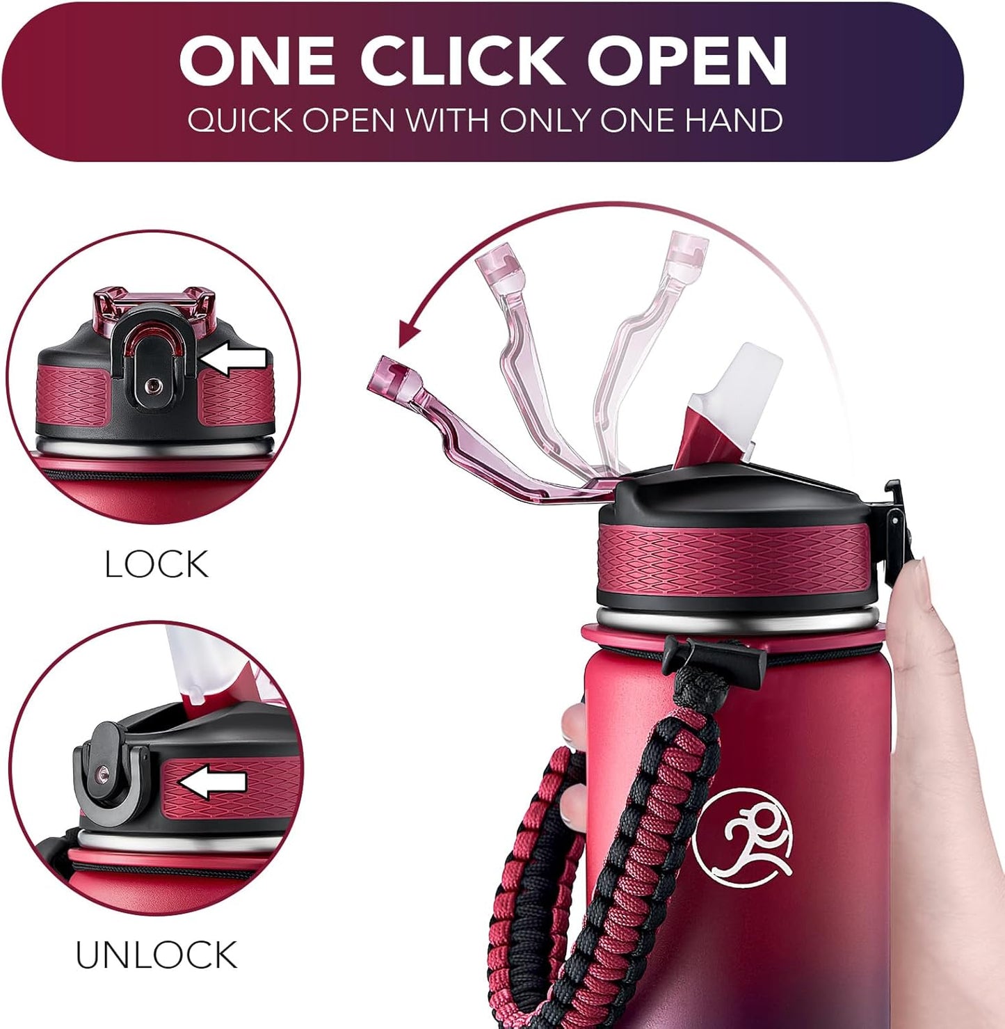 GOSWAG Insulated Sports Water Bottle, 24oz 2 Lids(with Straw/No Straw), Stainless Steel Water Bottles with Paracord Handle, Insulated Bottle with Double-Wall Vacuum Insulation