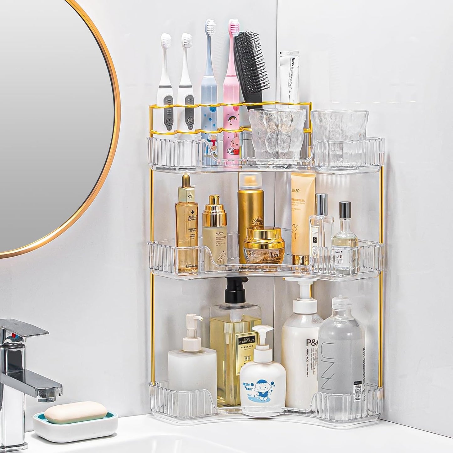 Upgraded 3-Tier Corner Bathroom Countertop Organizer – Spacious Storage for Makeup, Skincare & Perfumes, Built-in Brush Holder Fits Vanity/Dresser/Bsthtub (Classic White)