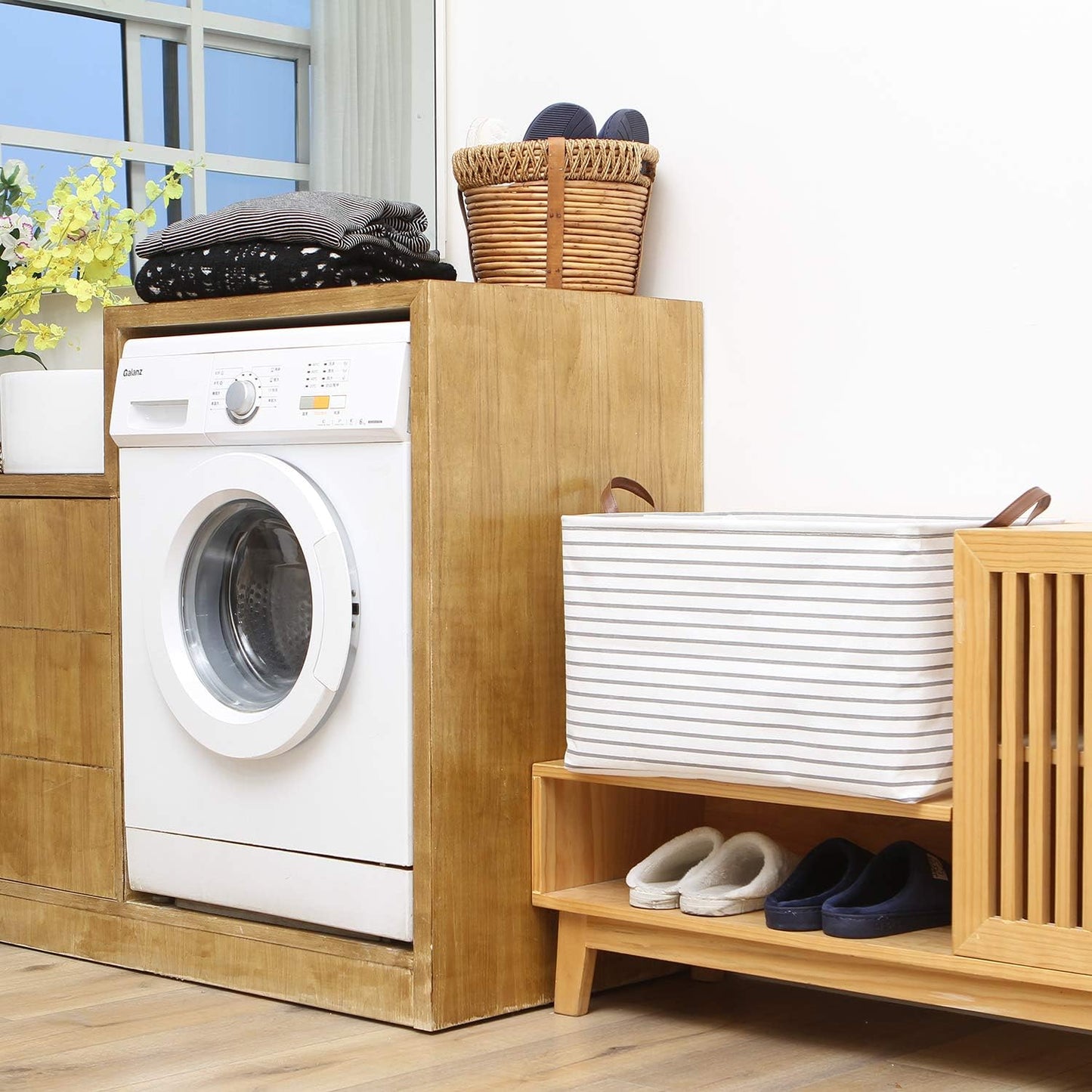 Hinwo 70L Extra Large Storage Bins, 6-Pack Closet Organizers and Storage, Foldable Clothes Storage Baskets with Handles, Containers for Clothing, Blanket, Comforters, Toys, Bedding (Gray Stripe)