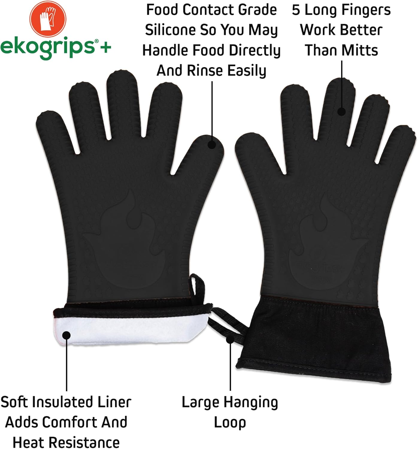 Ekogrips+ Premium Silicone Oven Mitts - Comfy, Waterproof, Heat Resistant BBQ Gloves for Grilling, Long Cuff for Added Protection, 5 Finger Dexterity, 3 Sizes, 4 Colors, S/M, Black