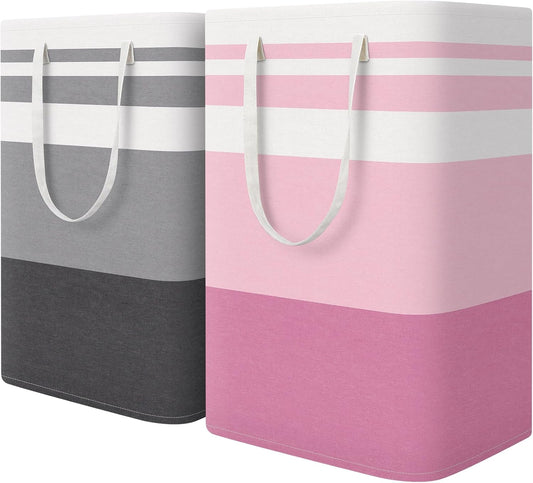 HomeHacks 2 Pack Large Laundry Baskets, Waterproof, Freestanding Laundry Hampers, Collapsible Clothes Hamper with Reinforced Handles in Laundry, College Dorm, Bathroom, Bedroom (Grey+Pink, 75Lx2)