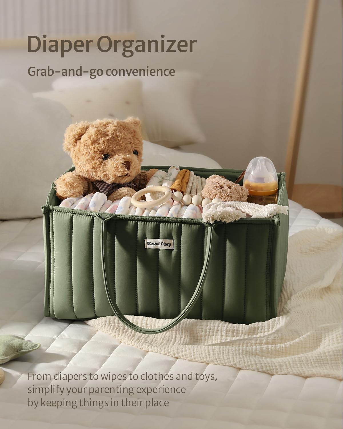 Blissful Diary Baby Diaper Caddy Organizer, Stylish Storage Basket for Newborn Essentials and Diaper Station, Gift for Baby Shower and Registry Must-Have, Deep Green