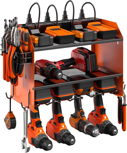 CCCEI Modular Power Tool Organizer Wall Mount with Charging Station. Garage Drill Storage Shelf with Hooks, Heavy Duty Rack, Tool Battery Holder Built in 8 Outlet. Gift for Men. Orange, 1 Pack.