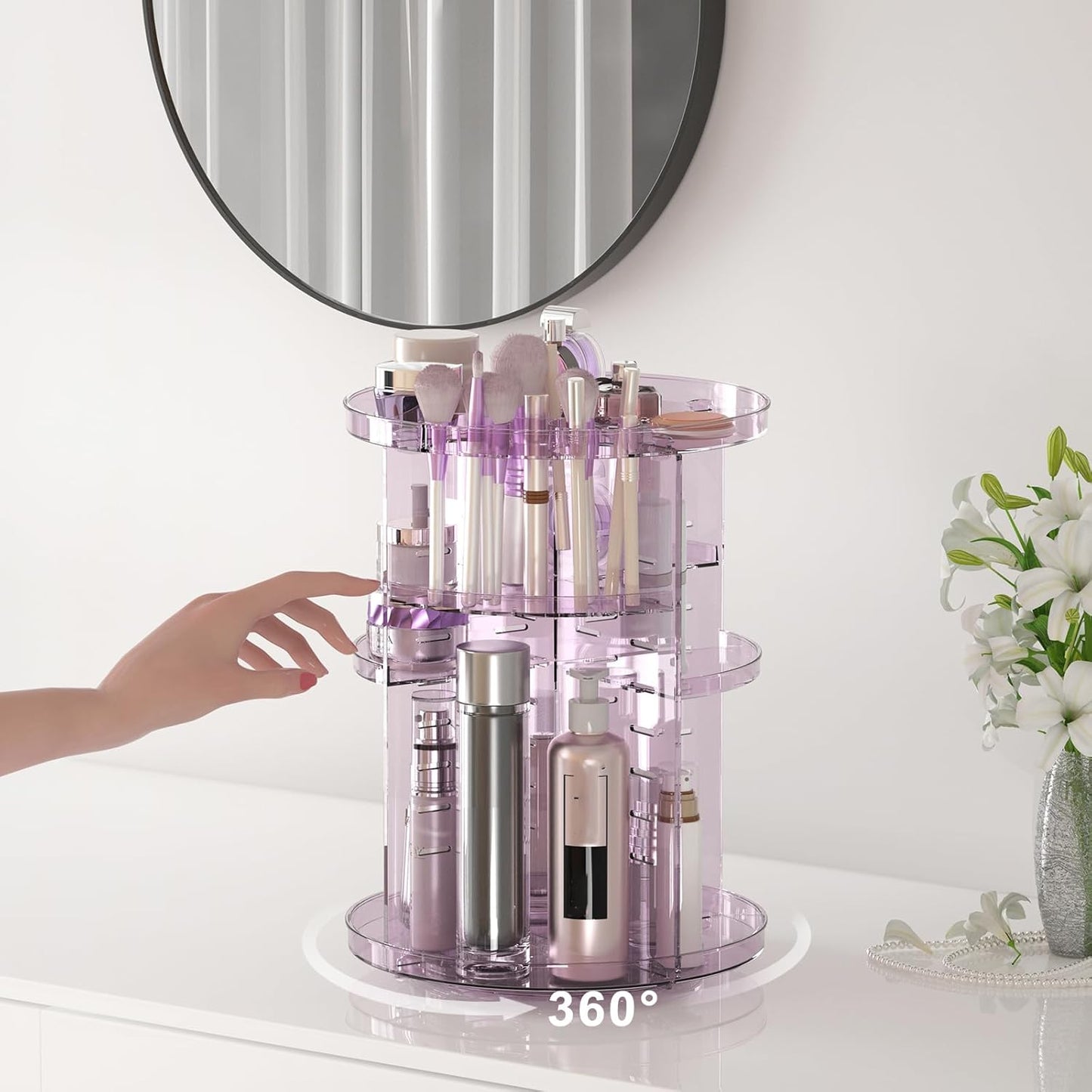 Rotating Makeup Organizer for Vanity, DIY Adjustable Tray Spinning Skincare Organizers Countertop, Cosmetic Display Case with Perfume Tray Brush Holder, Bathroom Desk Corner Storage Carousel Rack