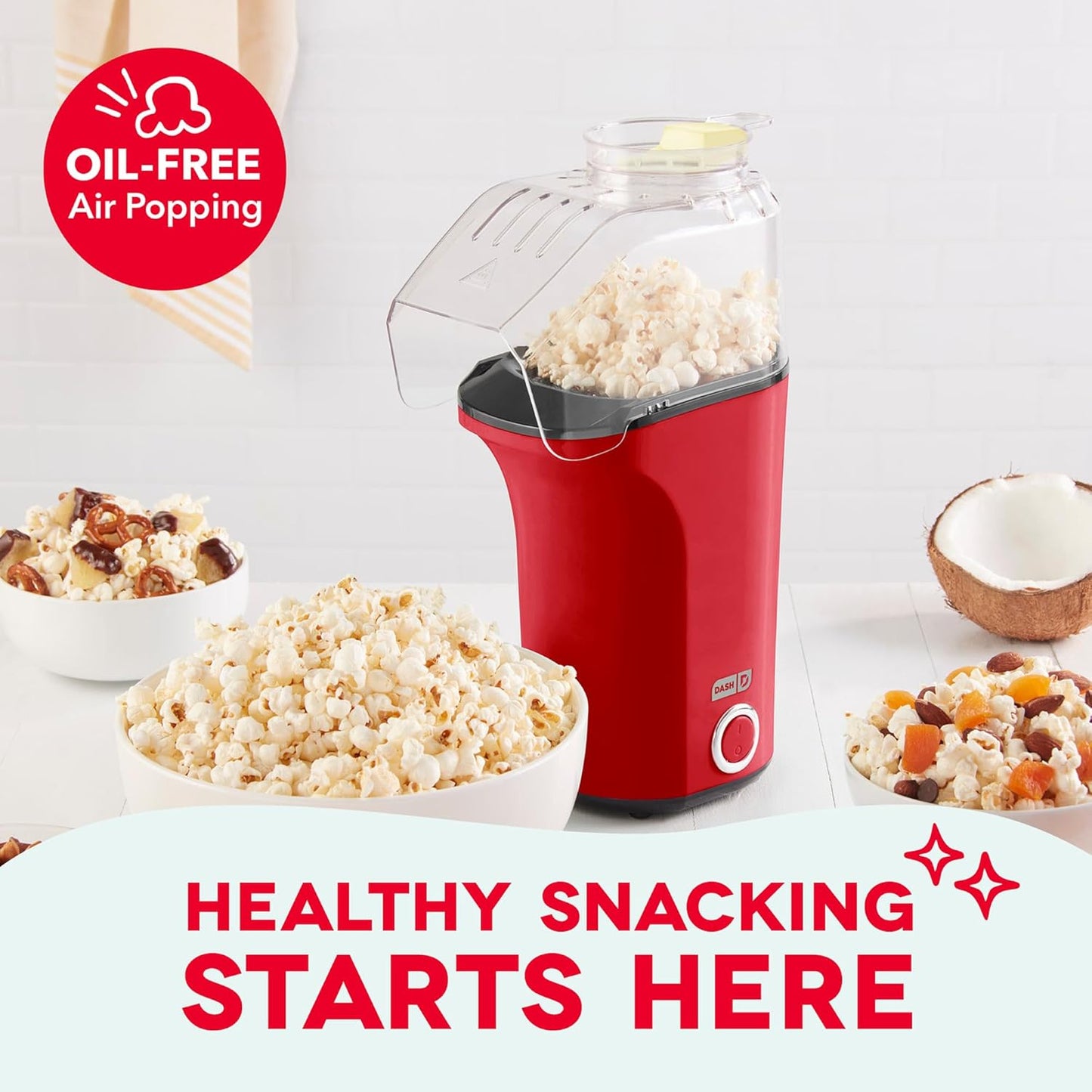 DASH Hot Air Popcorn Popper Maker with Measuring Cup to Portion Popping Corn Kernels + Melt Butter, 16 Cups - Red
