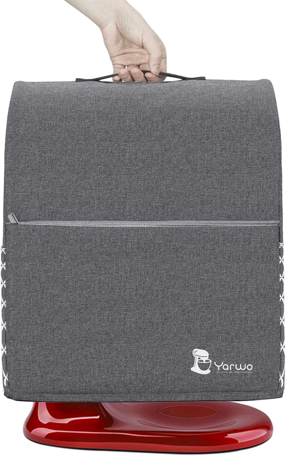 Yarwo Stand Mixer Cover Compatible with 6-8 Quart KitchenAid Mixer, Protective Dust Cover with Top Handle and Pockets for Accessories, Gray with Grid