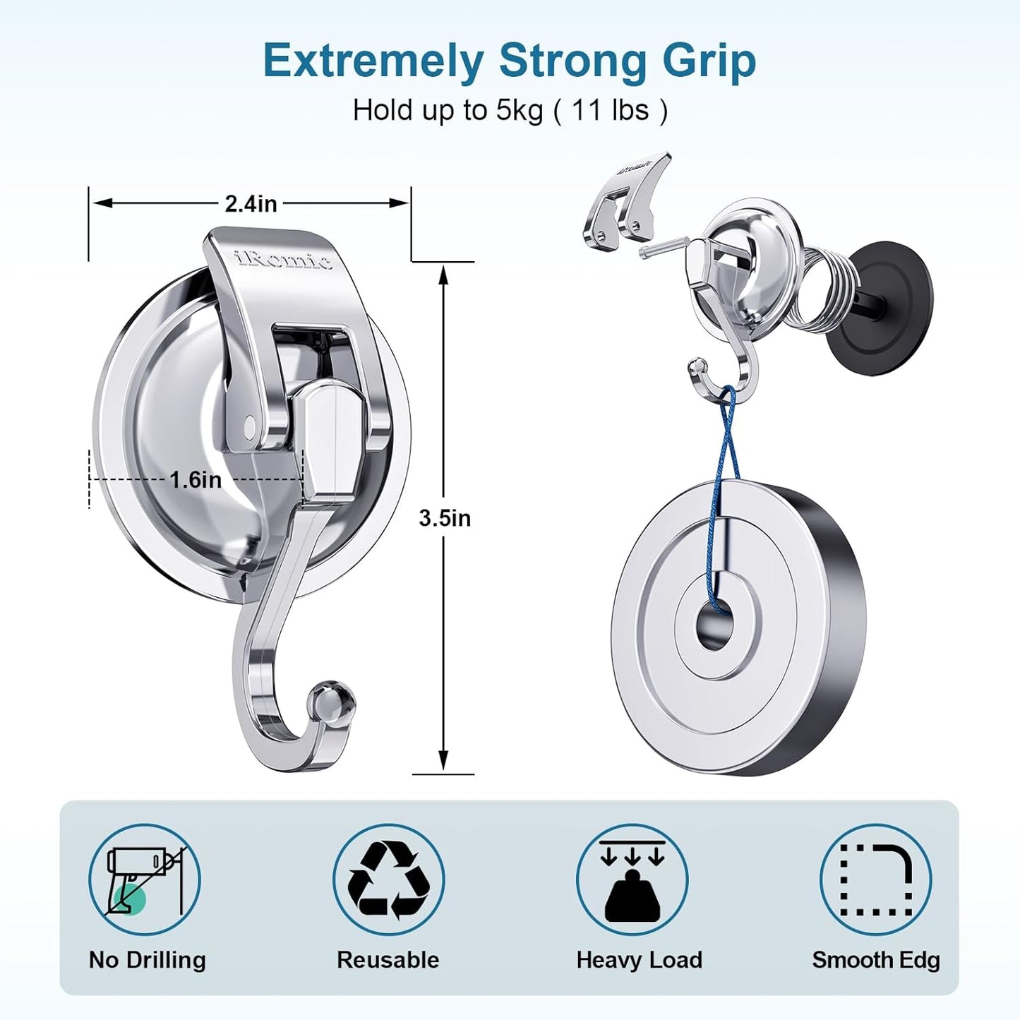 Heavy Duty Vacuum Suction Cup Hooks (2Pack) Specialized for Kitchen&Bathroom&Restroom Organization, by iRomic