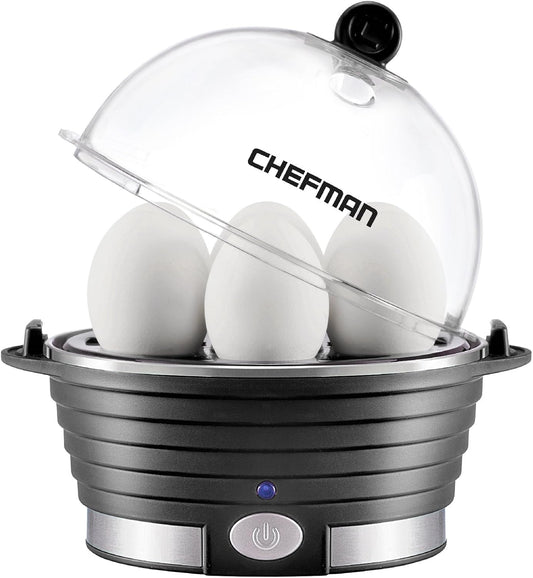 Chefman Egg-Maker Rapid Poacher, Food & Vegetable Steamer, Quickly Makes Up to 6, Hard, Medium or Soft Boiled, Poaching/Omelet Tray Included, Ready Signal, BPA-Free, BLACK