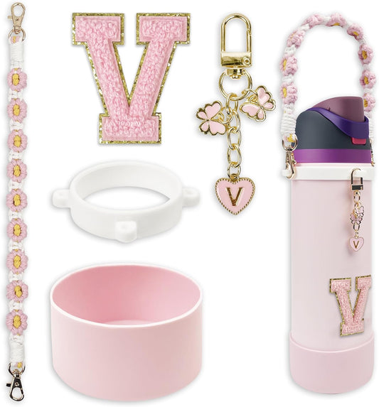 SITKOL Silicone Boot Cute Monogram Set Compatible with Owala Water Bottle 24 oz, 32 oz, 40 oz - Perfect Letter Owala Accessories for Owala Tumbler, Owala Free Sip, Pink Owala, Black Owala