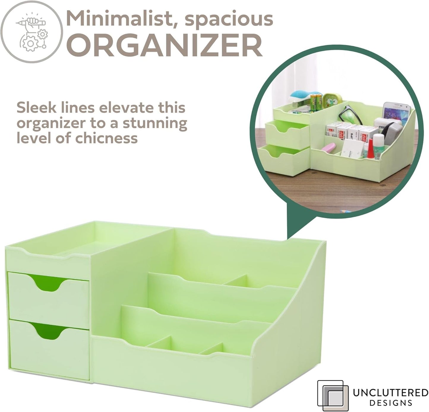 Uncluttered Designs Makeup Organizer With Drawers - Modern Countertop Storage for Cosmetics - Chic Vanity Holder for Perfume, Skincare, Brush, Lipstick, Nail Polish Organization & Display (Green)