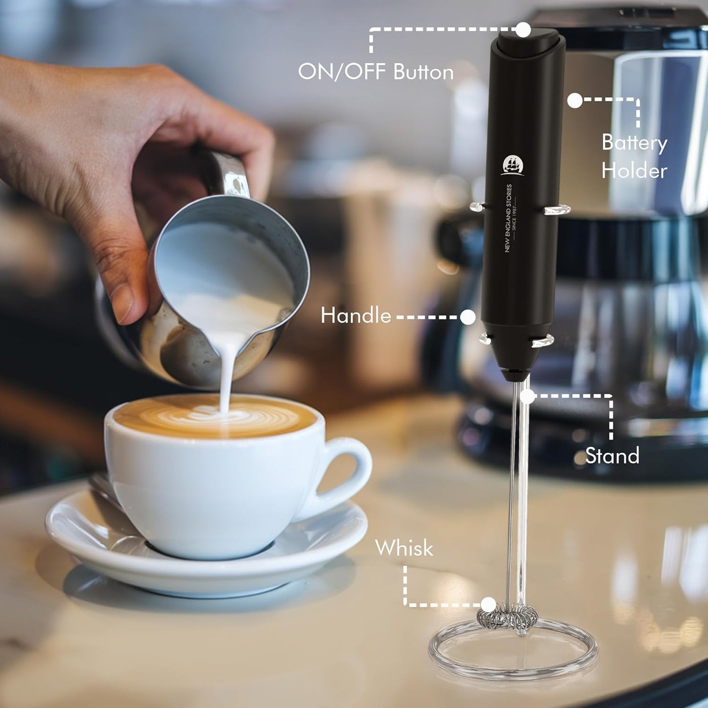 Milk Frother with Stand (Battery Included), Handheld Battery Operated Electric Foam Maker with Stainless Steel Whisk for Coffee, Latte, Cappuccino, Hot Chocolate