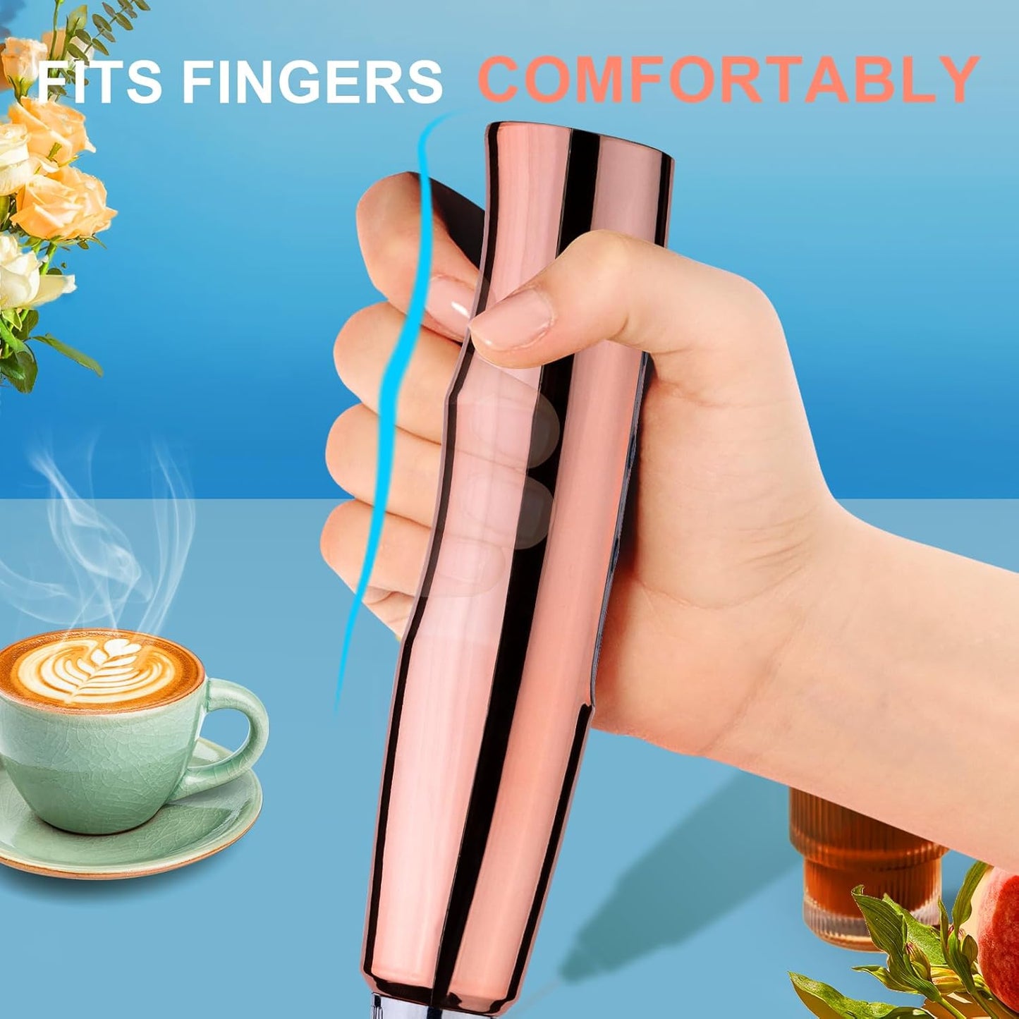 YUSWKO Rose Gold Handheld Milk Frother Wand with Stand for Coffee, Rechargeable Electric Whisk with 3 Heads 3 Speeds Drink Mixer Coffee Frother For Latte, Cappuccino, Hot Chocolate, Egg