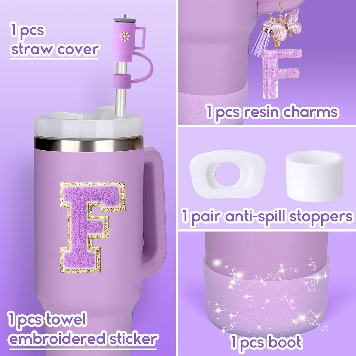 Mity rain 6PCS Cup Accessories Set for Stanley Cup 30oz 40oz tumbler with handle, Including Silicone Straw Topper Cover Cap and Boot, Spill Proof Stopper, Handle Charm, Initials Sticker (Letter F)
