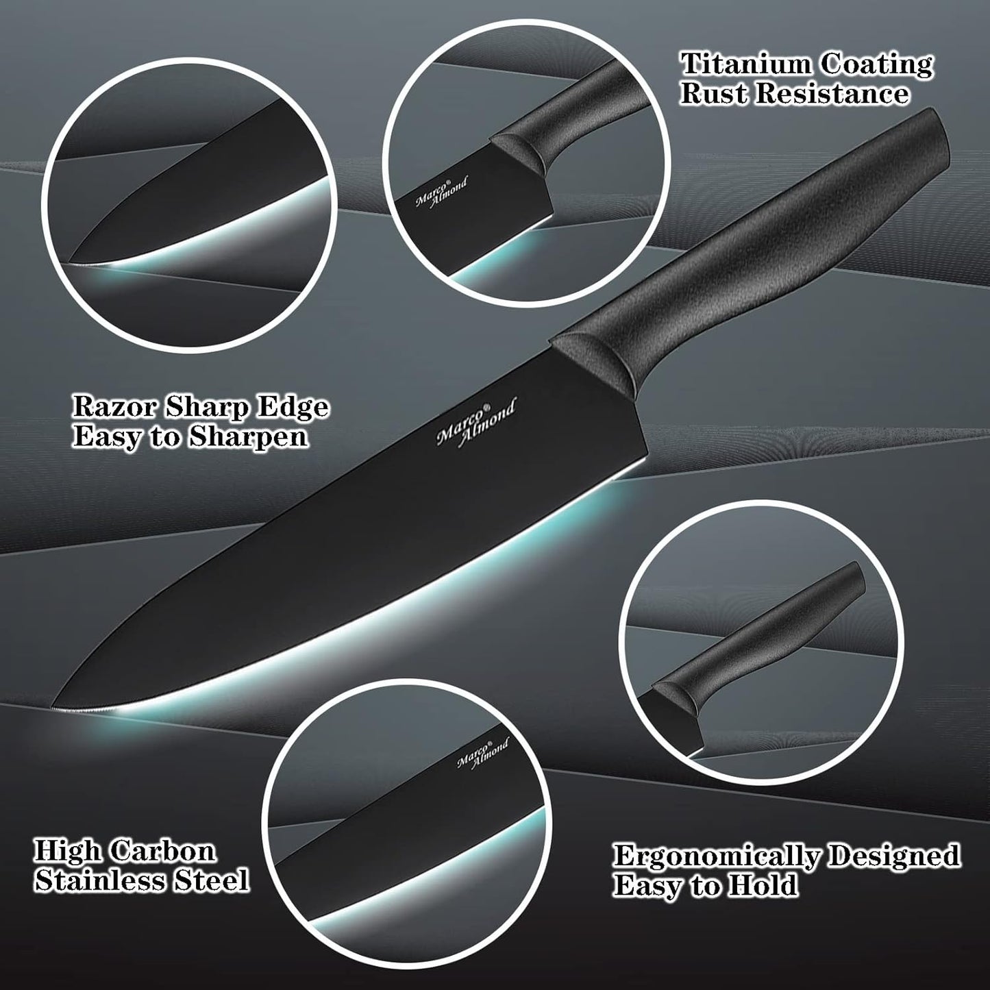 Kitchen Knife Set, KYA38 12-Piece Kitchen Knives Set with Covers, Marco Almond® 6 Knives with 6 Blade Guards, Stainless Steel Cooking Knives Set for Kitchen, Black