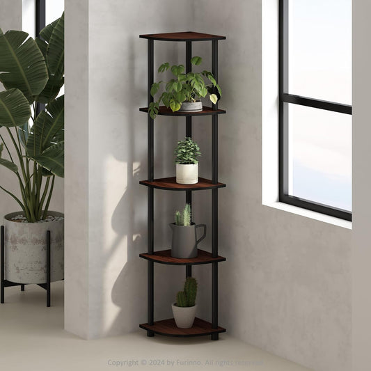 Furinno Turn-N-Tube Corner Shelf, 5-Tier Corner Bookshelf, Open Storage Shelves, for Organization and Storage, Living Room, Home Office, Garage, Bedroom, Dark Cherry