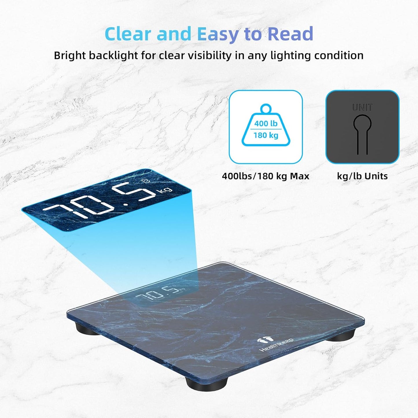 Healthkeep High Precision Digital Bathroom Scale with Step-On Technology LED Display Slim Design Max 180kg/400lb Marble Blue