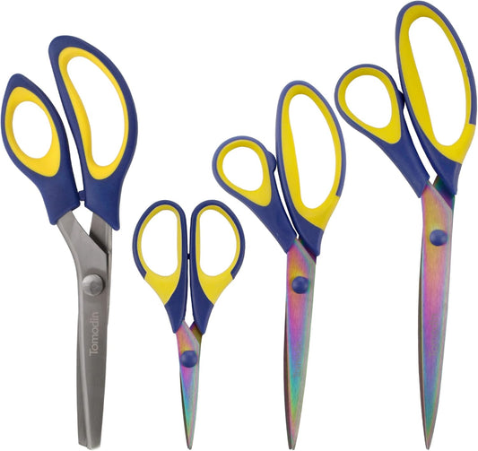 BambooMN Titanium Softgrip Scissors Set - Pinking, Sewing, Arts, Crafts, Office - 30 Sets of 4 - Blue w/Yellow
