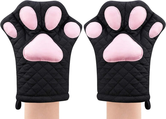 Oven Mitts,Cat Design Heat Resistant Cooking Glove Quilted Cotton Lining- Heat Resistant Pot Holder Gloves for Grilling & Baking Gloves BBQ Oven Gloves Kitchen Tools Gift Set BBQ,Microwave (Black)