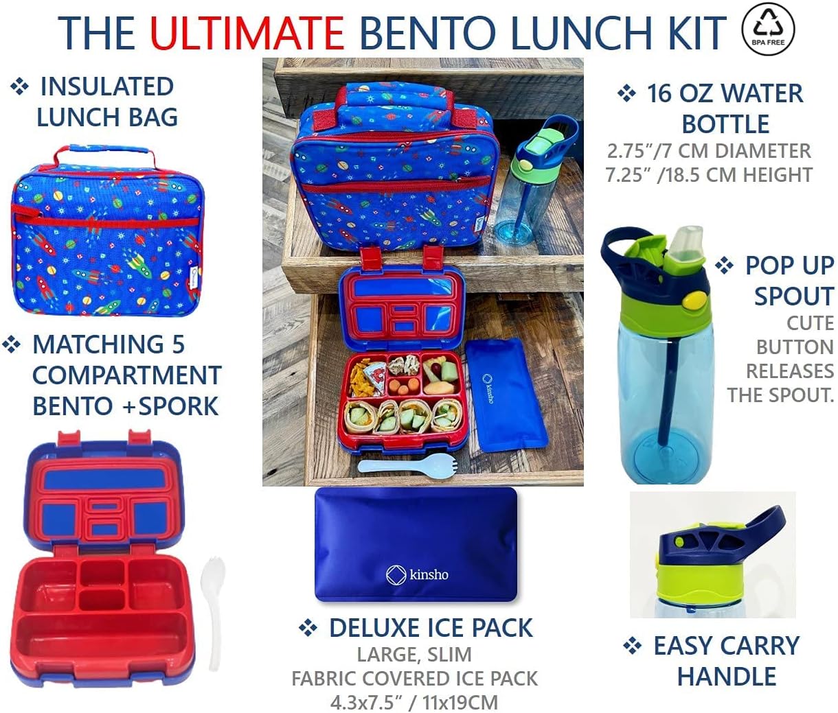 kinsho Bento Lunch Box, Water Bottle, Ice Pack Set for Kids Toddlers, 5 Portion Sections, Removable Plastic Tray, Pre-School Kid Toddler Daycare Lunches, Snack Container, Blue Space Rocket