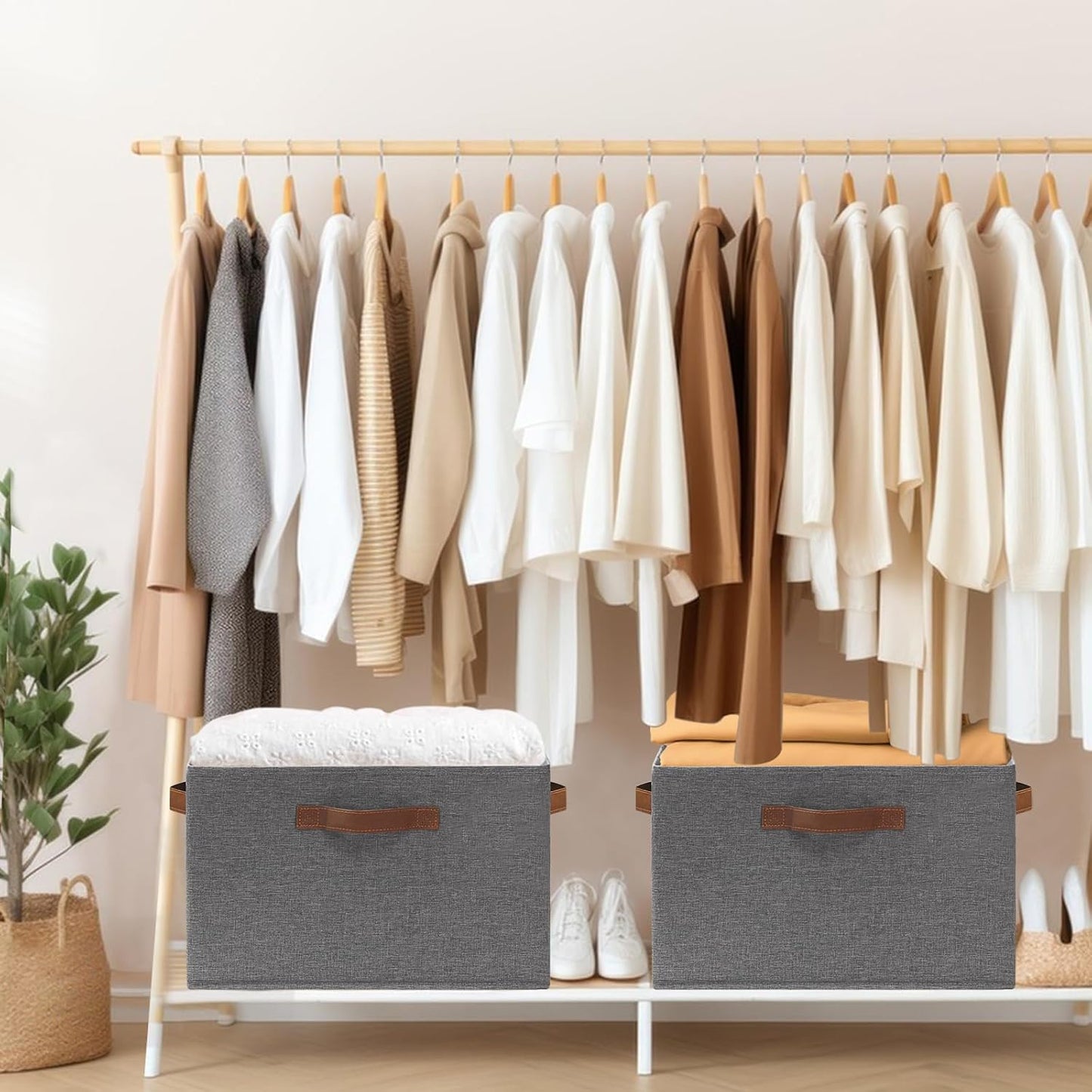 GhvyenntteS Large Fabric Storage Bins with 3 Handles, 15x11x9.6 Inch Storage Baskets for Shelves, Foldable Closet Storage Bins for Shelves, Closet Organizers and Storage Boxes, Gray