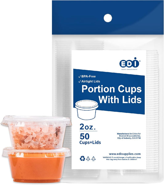 EDI - Clear Disposable Plastic Portion Cups with Leakproof Lids - Jello Shot, Condiment and Dipping Sauce, Souffle - BPA Free, Recyclable (2 OZ, 50 Sets)