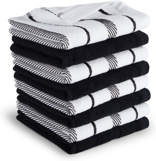 KitchenAid Albany Dishcloth 8 Pack Set, Matte Black/White, 12"x12"