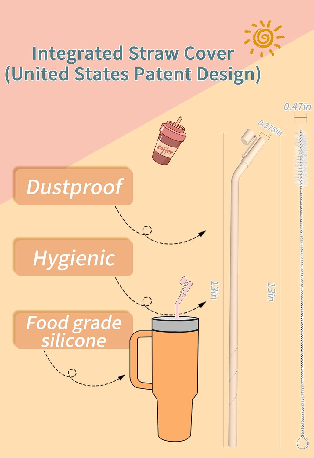 Doboli Replacement 13 inch Long Silicone Straw With Straw Cover,Compatible with Stanley Owala 40 oz 30 oz Cup Tumbler, 6 Pack Reusable Bent Straw with Cleaning Brush,for Stanley Tumbler Accessorie