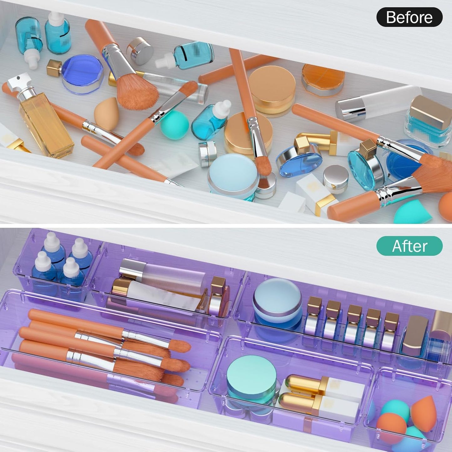 WOWBOX 6 Pack Clear Drawer Organizer Set, Acrylic Drawer Storage Trays, Storage Bins for Makeup, Cosmetics, Jewelries, Utensils, Gadgets, Office, Purple