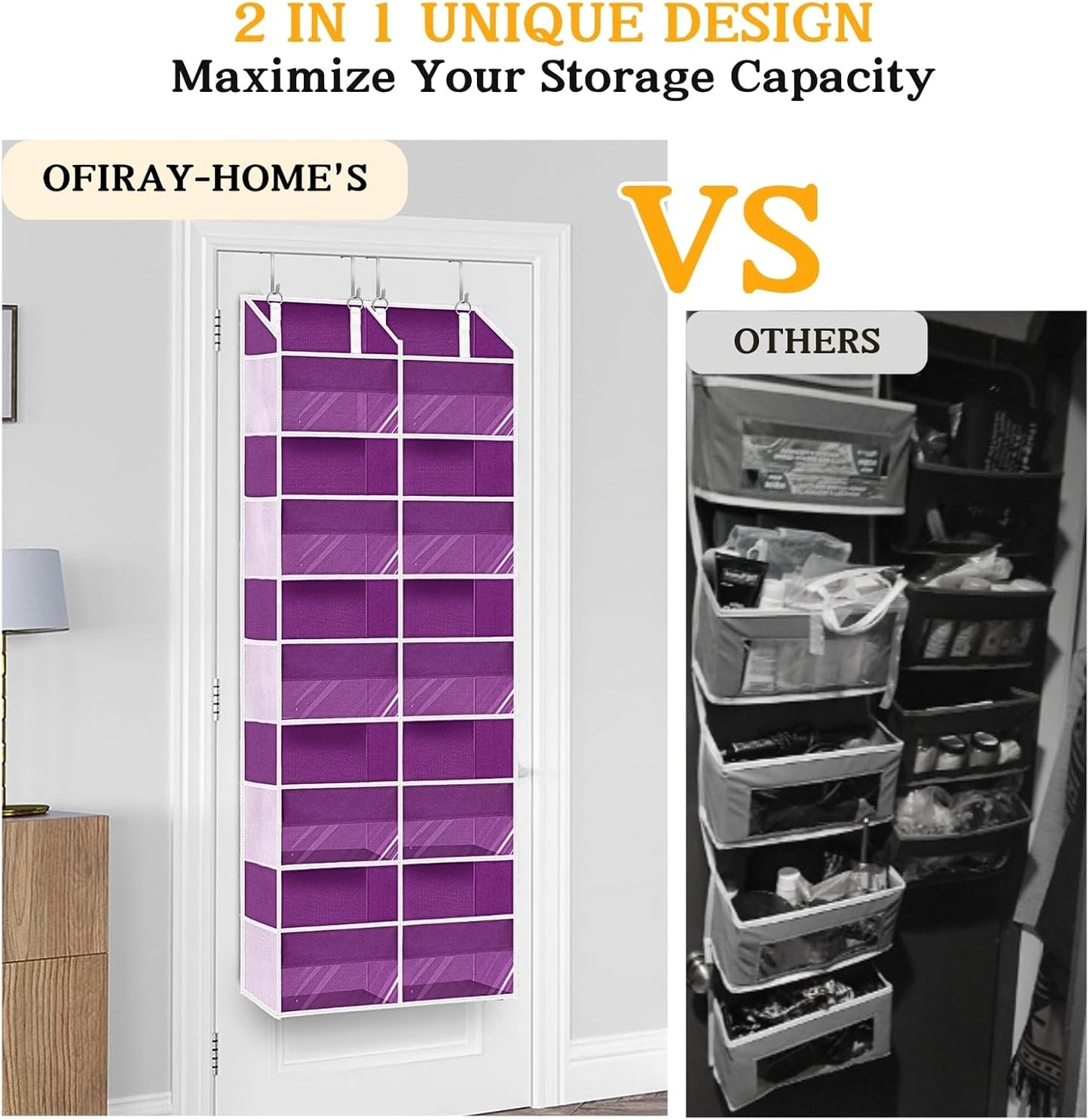 Over The Door Organizer 5 Tiers, Extra Large Behind Door Storage of 10 Compartments, 80 lbs Weight Capacity Hanging Storage Organizer with Clear Window Kids Toys,Shoes,Diapers,Room Storage,Purple