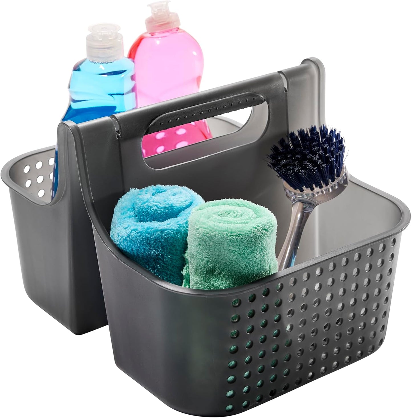 madesmart 2-Compartment Soft Grip Shower Tote for Bathroom Organization, Plastic Storage Shower Caddy Bucket, Large, Carbon