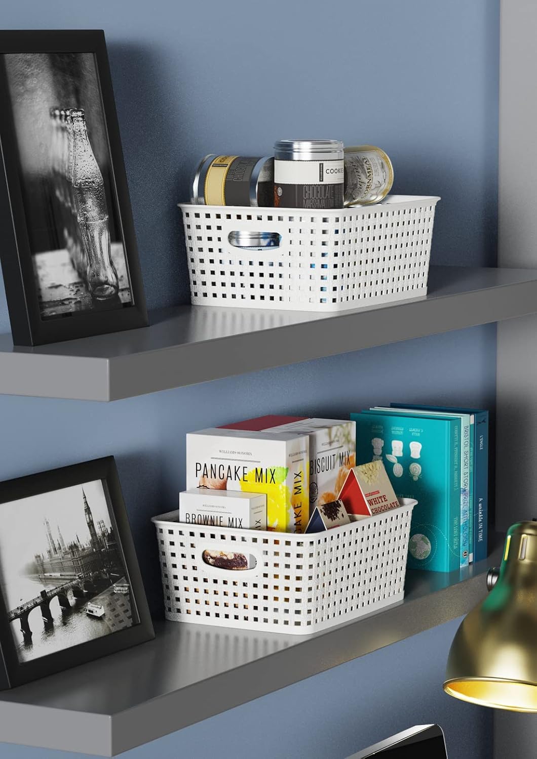 Woven Plastic Storage Baskets, 6 Pack White Weave Bins Organizer, 10.1" x 7.55" x 4.1"