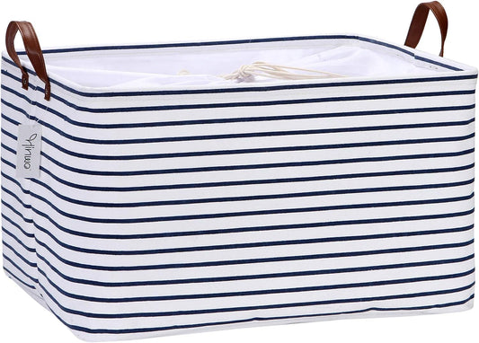 Hinwo 70L Extra Large Storage Bins, Closet Organizers and Storage, Foldable Clothes Storage Baskets with Handles, Containers for Clothing, Blanket, Comforters, Toys, Bedding (Navy Stripe)