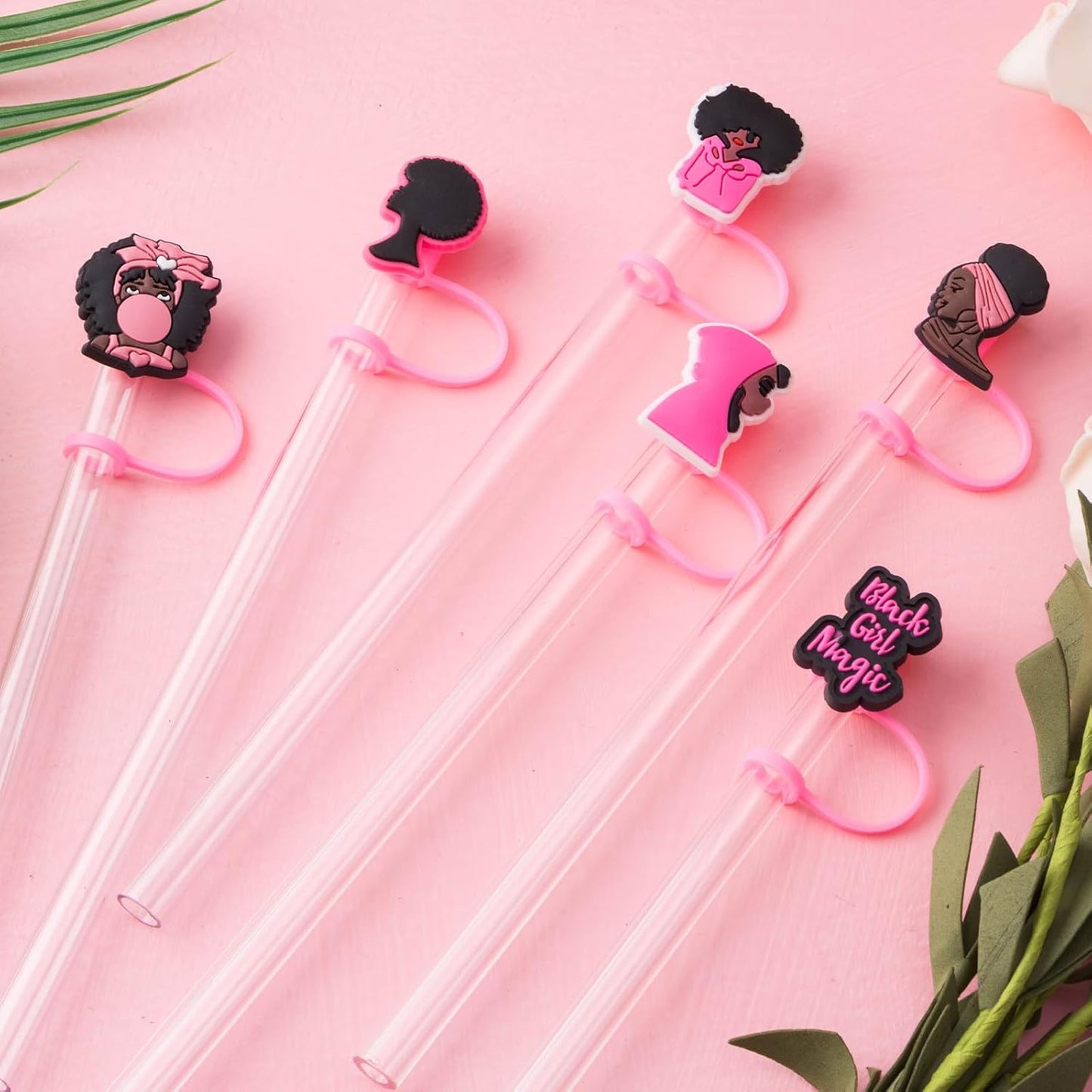 6Pcs Black Girl Straw Cover Cap for Stanley Cup Accessories, 10mm Cute Pink Drinking Straw Topper for 40oz 30oz Stanley Tumbler, Dust-Proof Reusable Straw Tips Gifts for Women