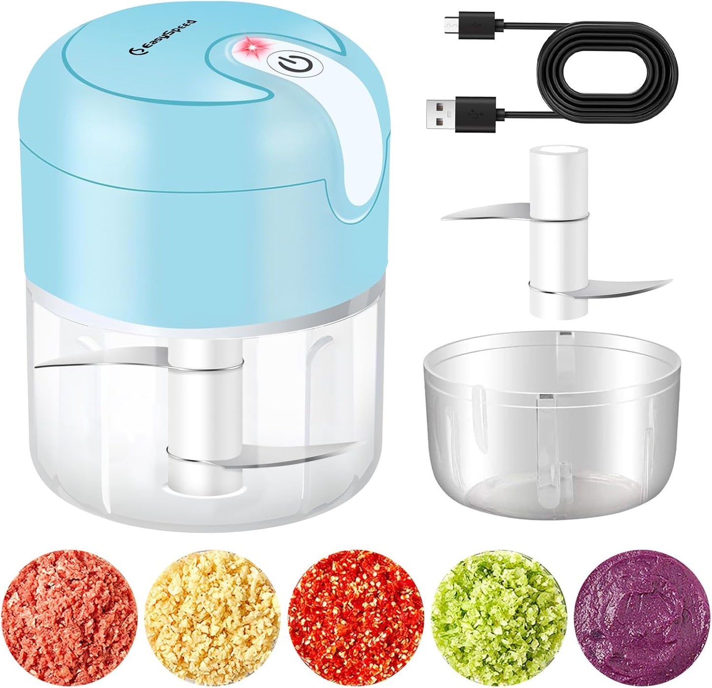 EASYSPEED Electric Garlic Chopper 1Cup, Mini USB Charging Wireless Food Processor with 304 Stainless Steel, 2 Sharp Blades, Portable Kitchen Meat Grinder for Onion, Garlic, Ginger, Baby Food